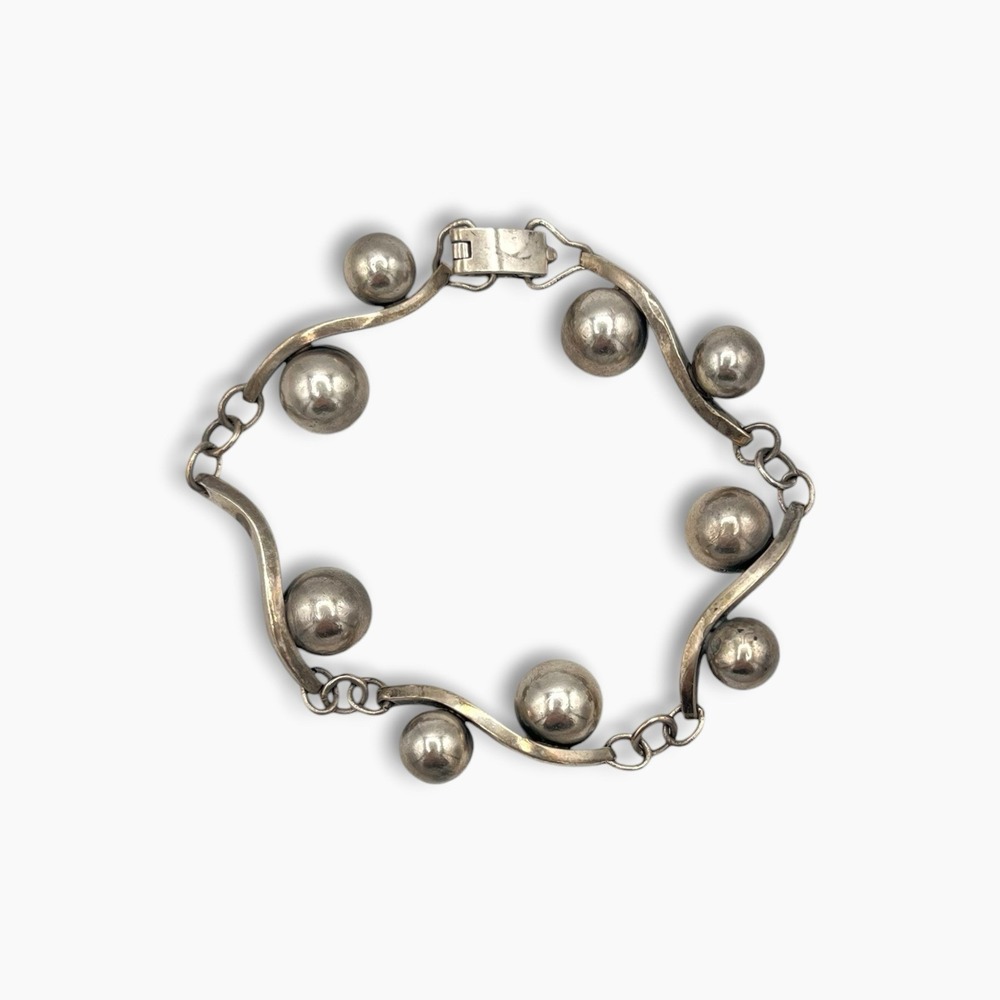 Toyokoki CPO 960 Sterling Silver Bracelet Ball Wave & Pearl Bar Japan 22.3g 7.5"